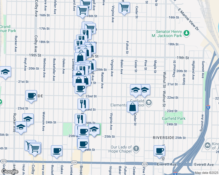 map of restaurants, bars, coffee shops, grocery stores, and more near 2110 Virginia Avenue in Everett