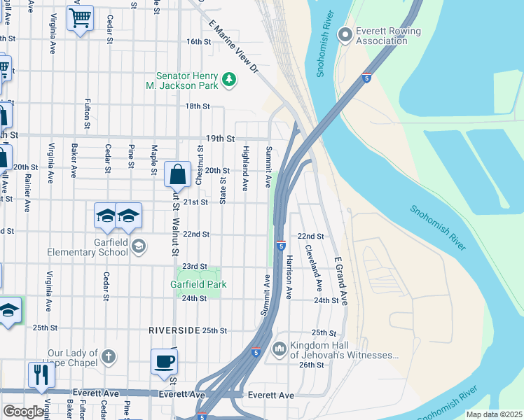 map of restaurants, bars, coffee shops, grocery stores, and more near 2102 Summit Avenue in Everett