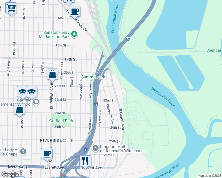 map of restaurants, bars, coffee shops, grocery stores, and more near 2104 East Grand Avenue in Everett
