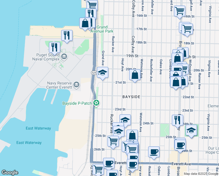 map of restaurants, bars, coffee shops, grocery stores, and more near 2112 Rucker Avenue in Everett