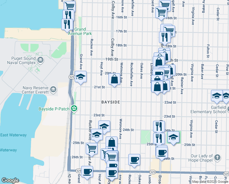 map of restaurants, bars, coffee shops, grocery stores, and more near 2111 Colby Avenue in Everett