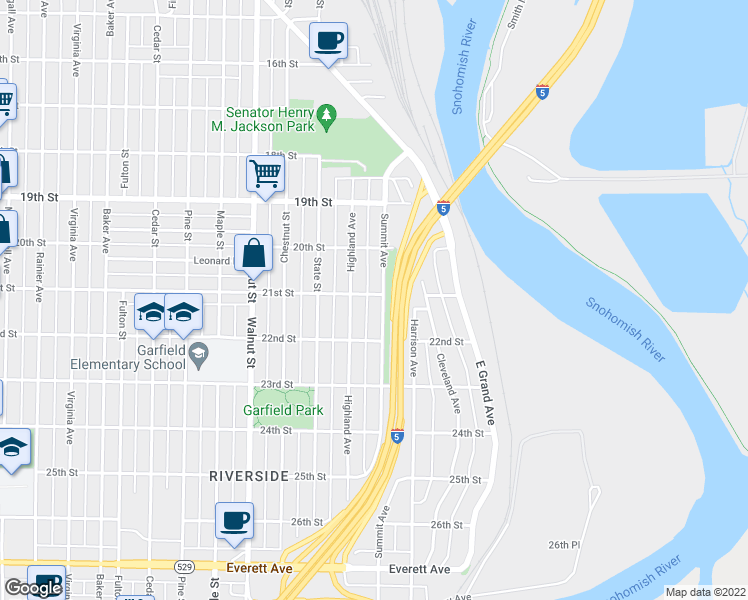 map of restaurants, bars, coffee shops, grocery stores, and more near 2102 Summit Avenue in Everett