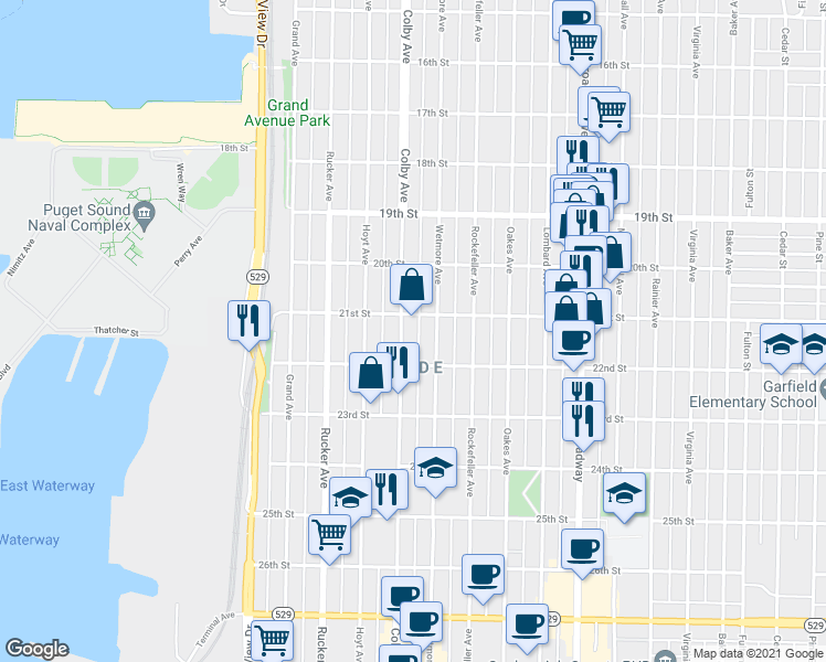 map of restaurants, bars, coffee shops, grocery stores, and more near 2105 Colby Avenue in Everett