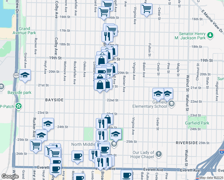 map of restaurants, bars, coffee shops, grocery stores, and more near 2108 McDougall Avenue in Everett