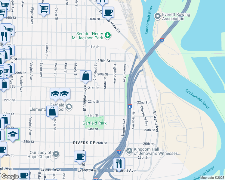 map of restaurants, bars, coffee shops, grocery stores, and more near 2102 Highland Avenue in Everett