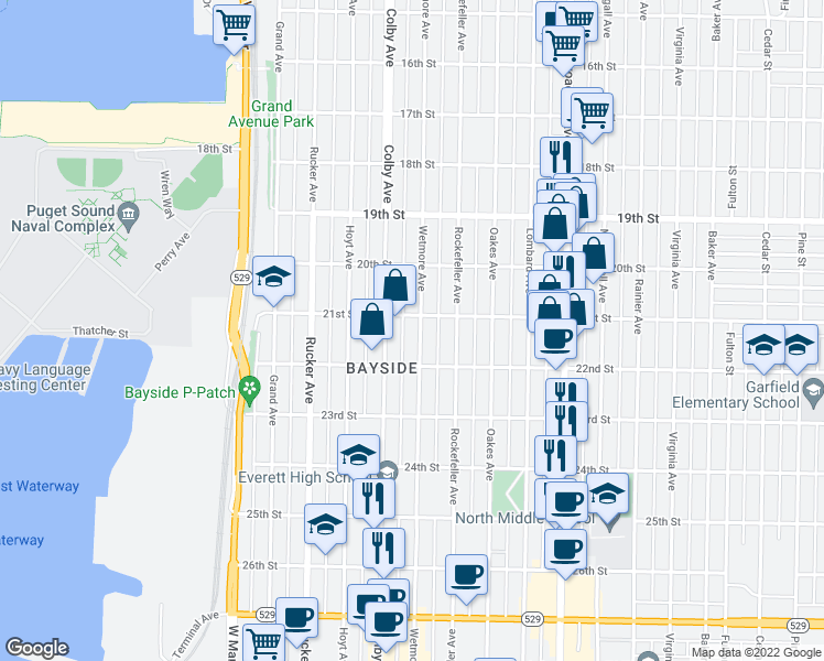 map of restaurants, bars, coffee shops, grocery stores, and more near 2110 Wetmore Avenue in Everett