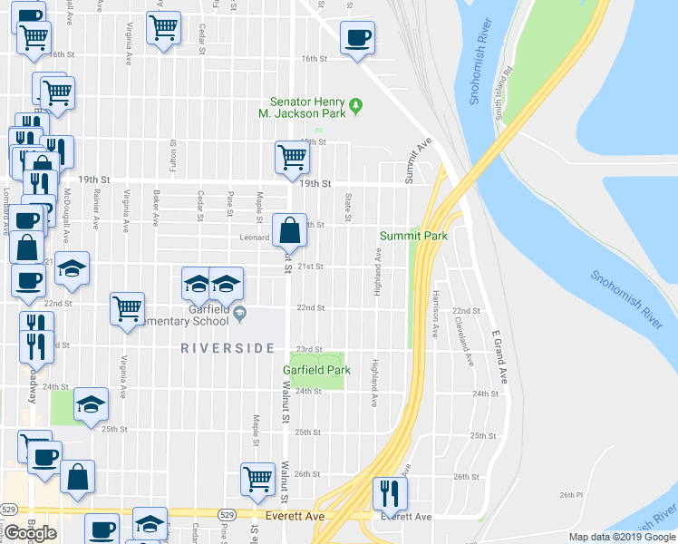 map of restaurants, bars, coffee shops, grocery stores, and more near 2102 State St in Everett