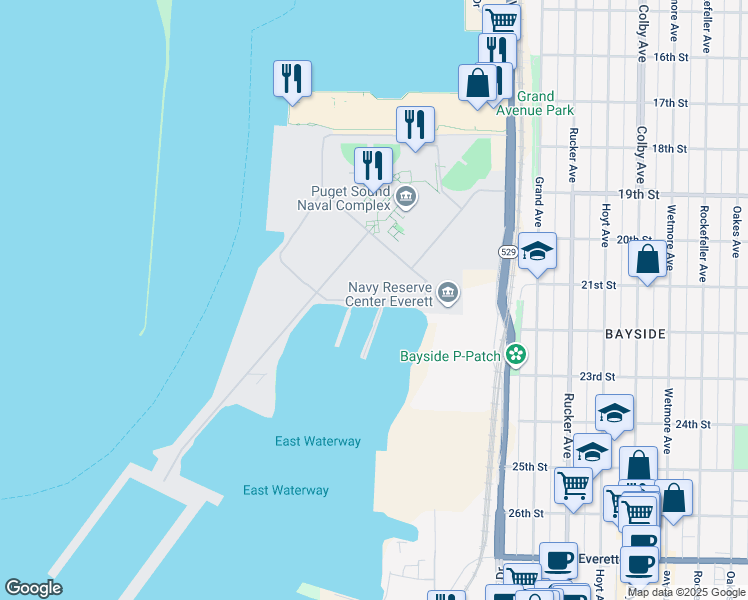 map of restaurants, bars, coffee shops, grocery stores, and more near Thatcher Street in Everett