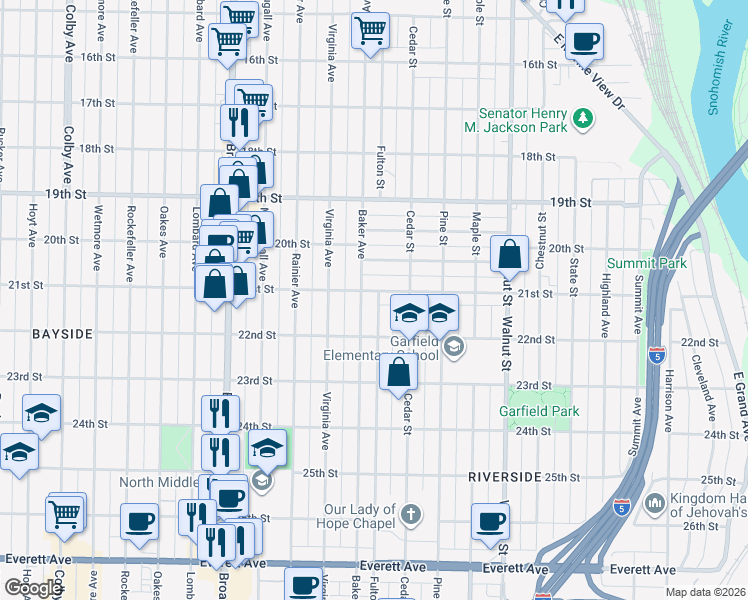 map of restaurants, bars, coffee shops, grocery stores, and more near 2706 21st Street in Everett