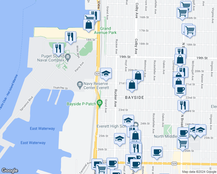 map of restaurants, bars, coffee shops, grocery stores, and more near 2109 Grand Avenue in Everett