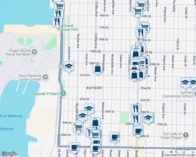 map of restaurants, bars, coffee shops, grocery stores, and more near 2105 Colby Avenue in Everett