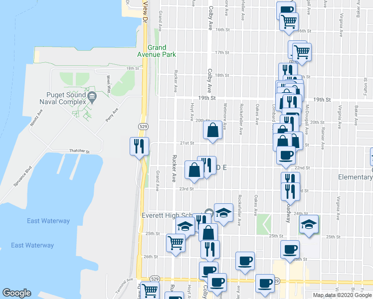map of restaurants, bars, coffee shops, grocery stores, and more near 2107 Hoyt Avenue in Everett