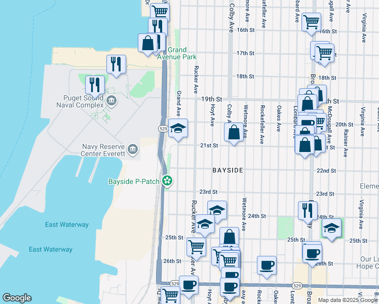 map of restaurants, bars, coffee shops, grocery stores, and more near 2107 Rucker Avenue in Everett