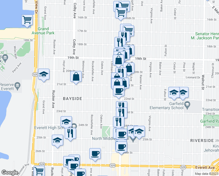 map of restaurants, bars, coffee shops, grocery stores, and more near 2106 Lombard Avenue in Everett