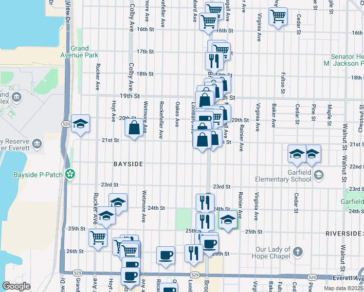 map of restaurants, bars, coffee shops, grocery stores, and more near 2103 Oakes Avenue in Everett
