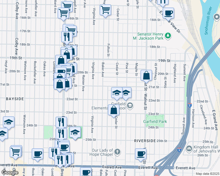 map of restaurants, bars, coffee shops, grocery stores, and more near 2706 21st Street in Everett