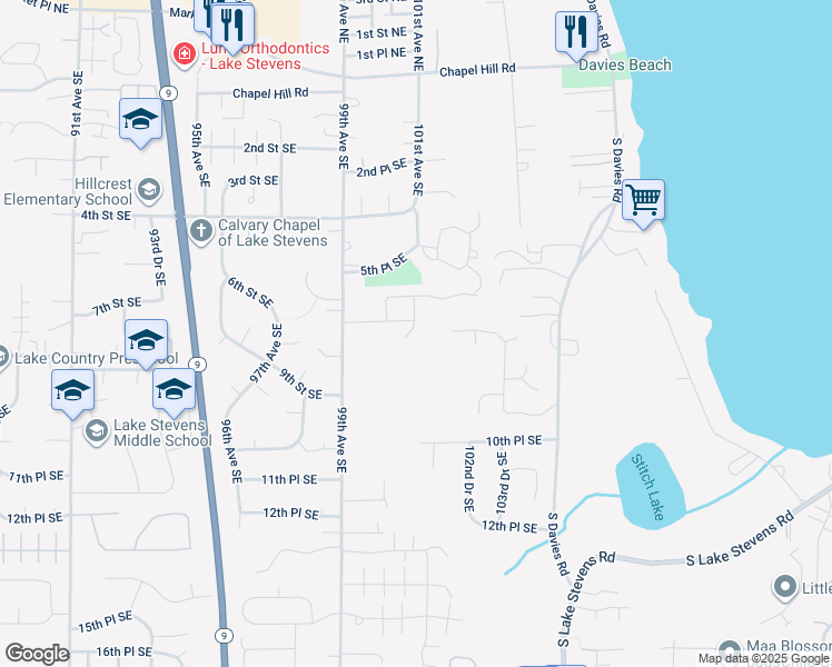 map of restaurants, bars, coffee shops, grocery stores, and more near 711 101st Avenue Southeast in Lake Stevens
