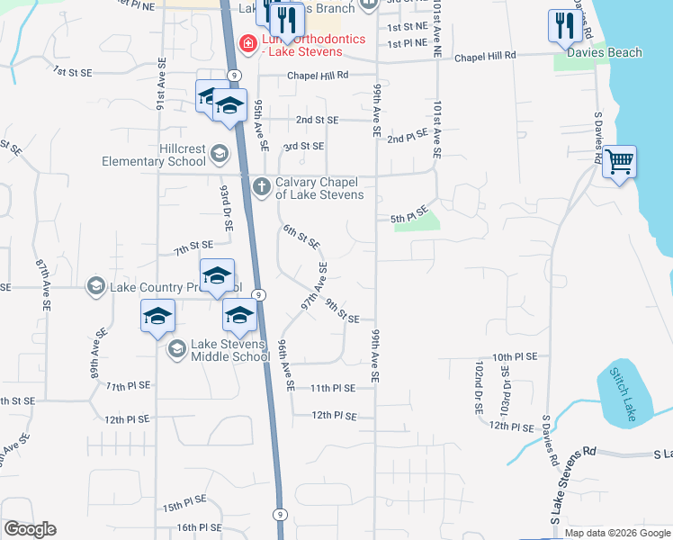 map of restaurants, bars, coffee shops, grocery stores, and more near 9711 7th Place Southeast in Lake Stevens