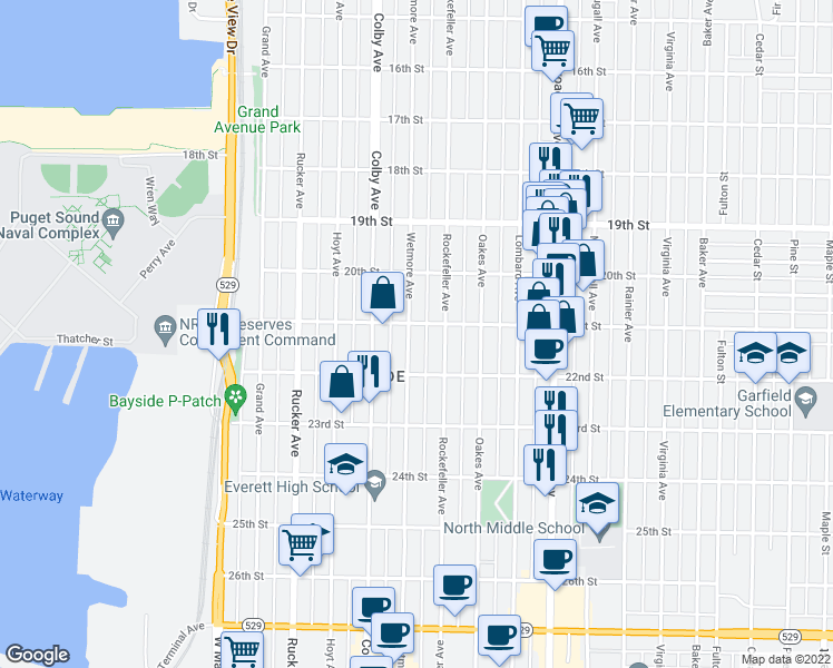 map of restaurants, bars, coffee shops, grocery stores, and more near 2105 Wetmore Avenue in Everett