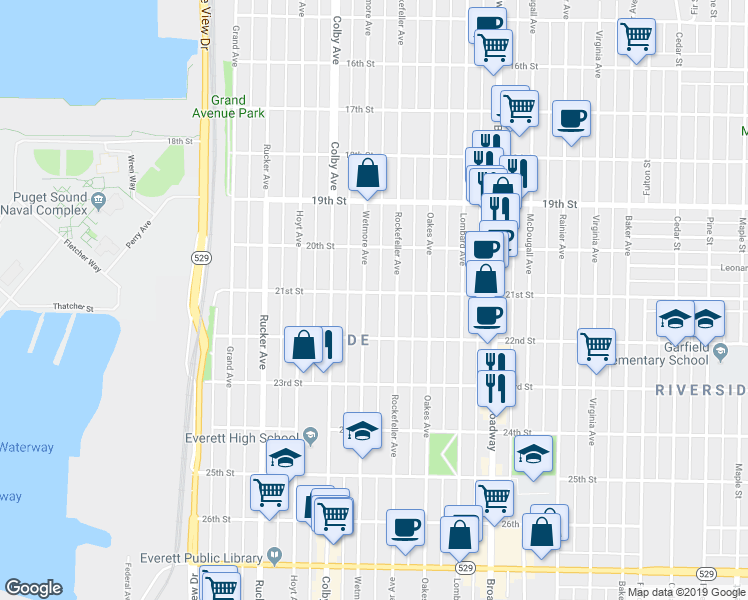 map of restaurants, bars, coffee shops, grocery stores, and more near 2105 Wetmore Avenue in Everett