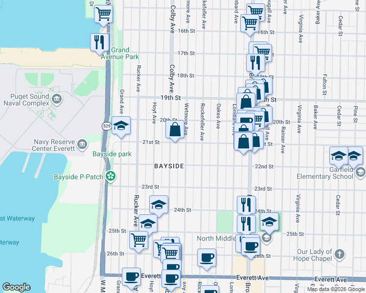map of restaurants, bars, coffee shops, grocery stores, and more near 2104 Wetmore Avenue in Everett