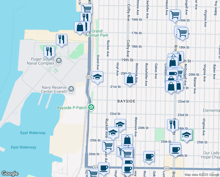 map of restaurants, bars, coffee shops, grocery stores, and more near 2101 Rucker Avenue in Everett