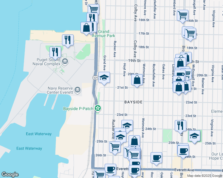 map of restaurants, bars, coffee shops, grocery stores, and more near 2102 Rucker Avenue in Everett