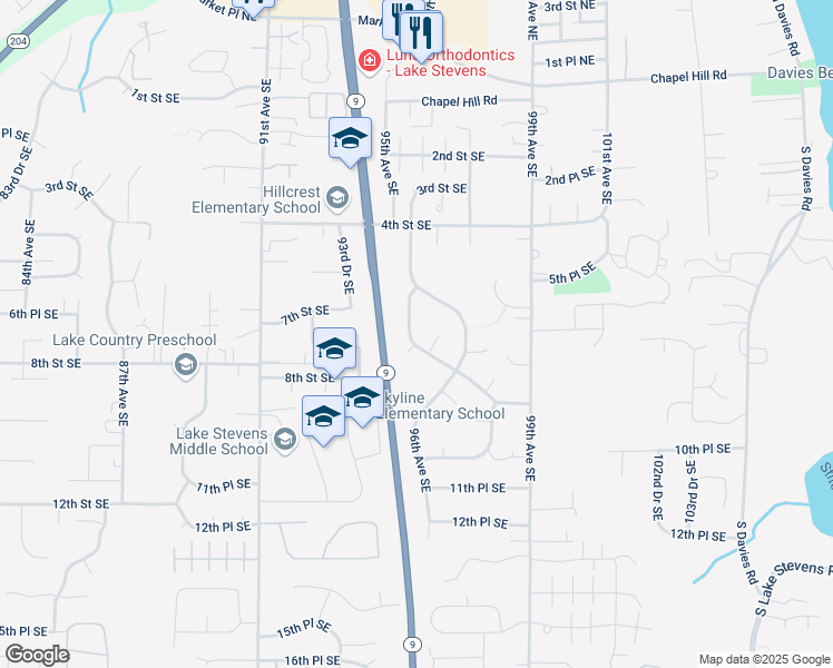 map of restaurants, bars, coffee shops, grocery stores, and more near 709 95th Drive in Lake Stevens