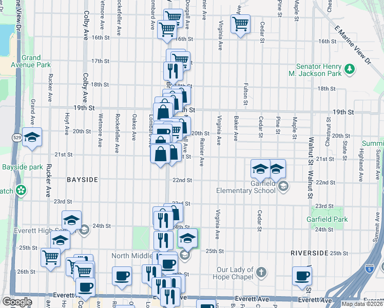 map of restaurants, bars, coffee shops, grocery stores, and more near 2212 21st Street in Everett