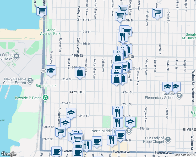 map of restaurants, bars, coffee shops, grocery stores, and more near 1809 21st Street in Everett