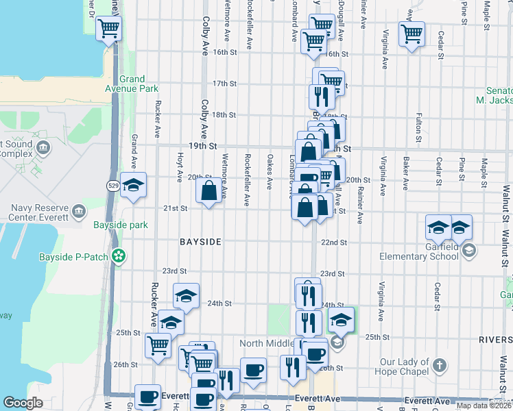 map of restaurants, bars, coffee shops, grocery stores, and more near 1809 21st Street in Everett