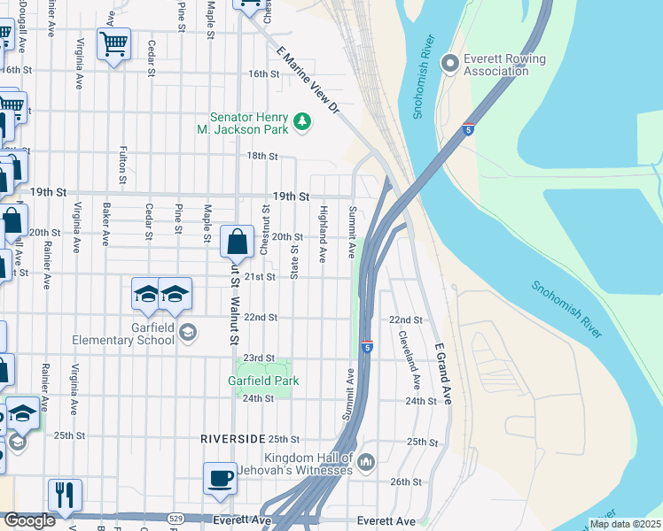map of restaurants, bars, coffee shops, grocery stores, and more near 2023 Highland Avenue in Everett