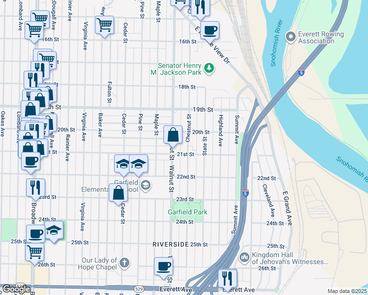 map of restaurants, bars, coffee shops, grocery stores, and more near 2102 Chestnut Street in Everett