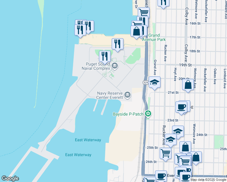 map of restaurants, bars, coffee shops, grocery stores, and more near Thatcher Street in Everett