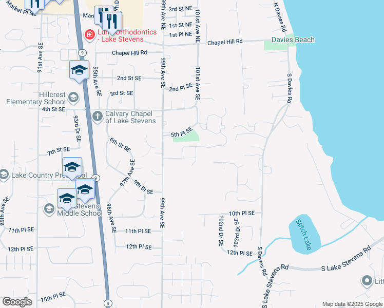 map of restaurants, bars, coffee shops, grocery stores, and more near 711 101st Avenue Southeast in Lake Stevens