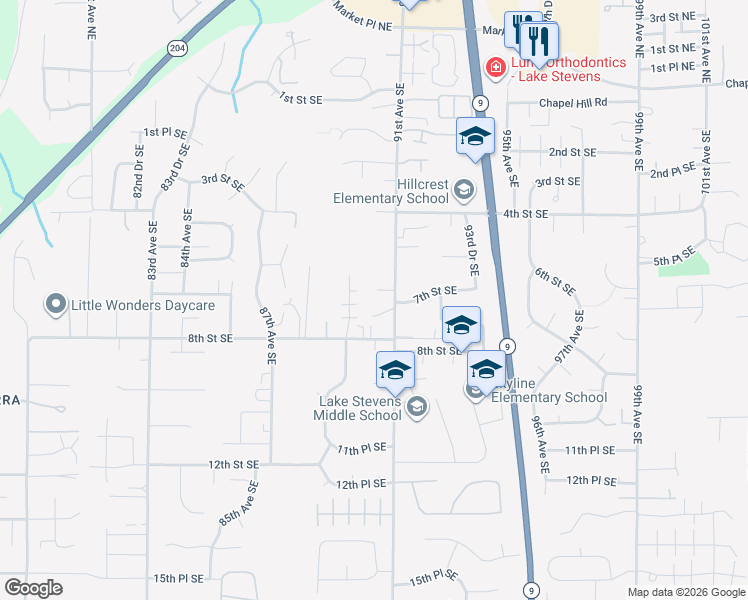 map of restaurants, bars, coffee shops, grocery stores, and more near 728 91st Avenue Southeast in Lake Stevens