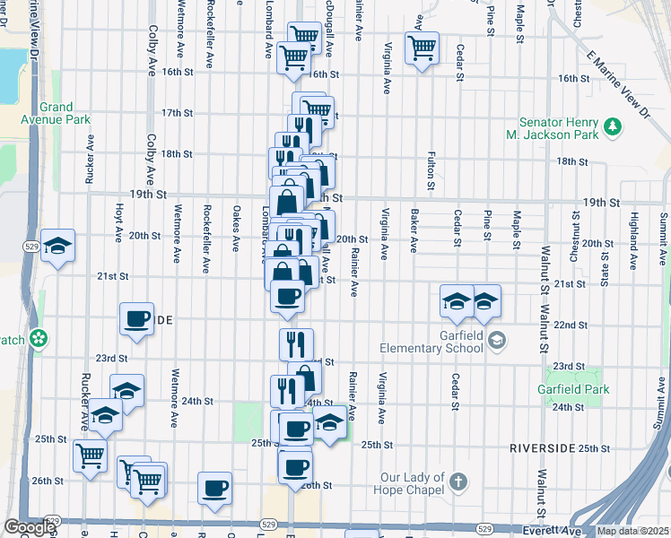 map of restaurants, bars, coffee shops, grocery stores, and more near 2212 21st Street in Everett