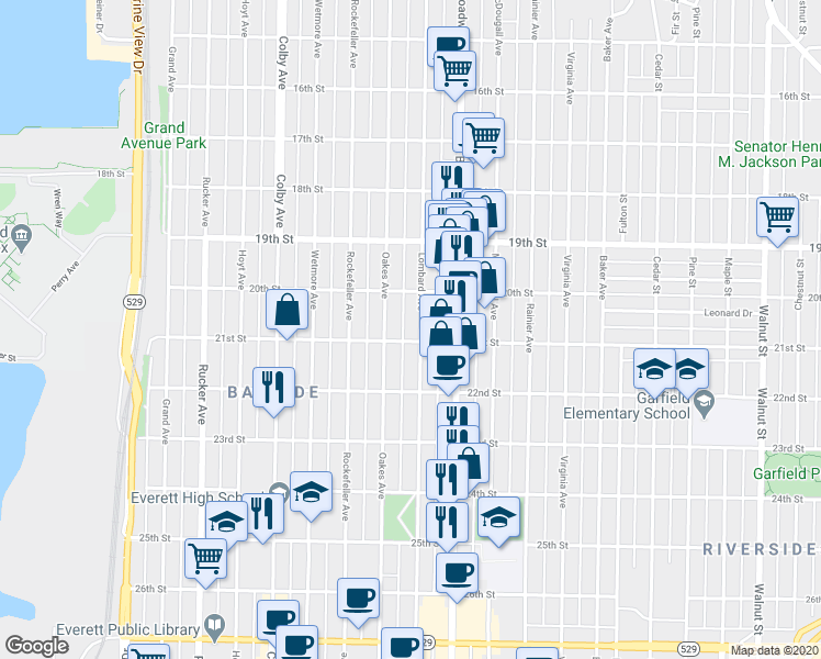 map of restaurants, bars, coffee shops, grocery stores, and more near 2103 Oakes Avenue in Everett