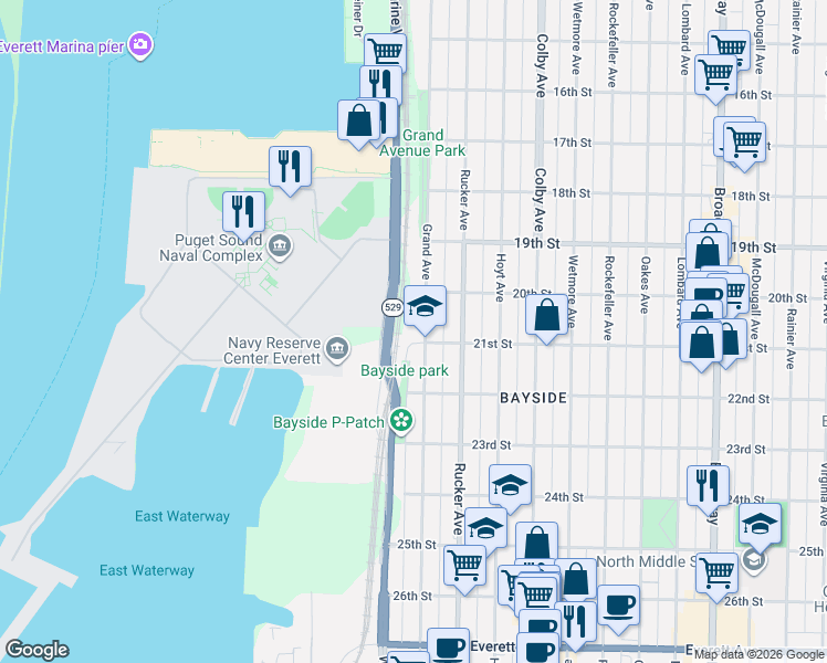 map of restaurants, bars, coffee shops, grocery stores, and more near 2109 Grand Avenue in Everett