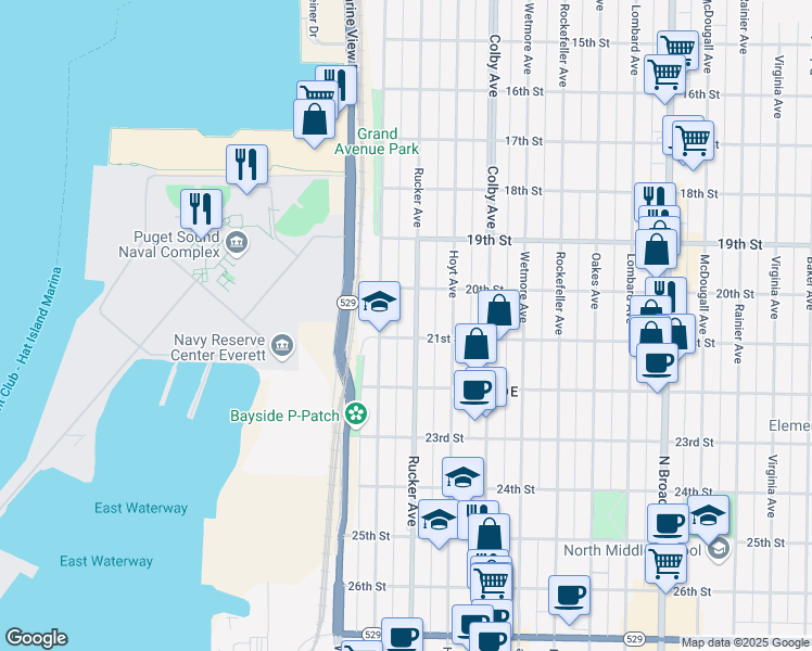 map of restaurants, bars, coffee shops, grocery stores, and more near 2107 Rucker Avenue in Everett