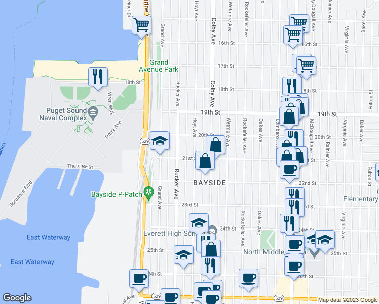 map of restaurants, bars, coffee shops, grocery stores, and more near 2026 Hoyt Avenue in Everett
