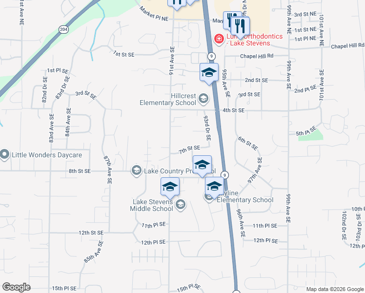 map of restaurants, bars, coffee shops, grocery stores, and more near 9214 5th Place Southeast in Lake Stevens