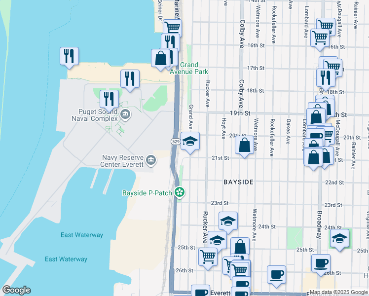 map of restaurants, bars, coffee shops, grocery stores, and more near 2001 Grand Avenue in Everett