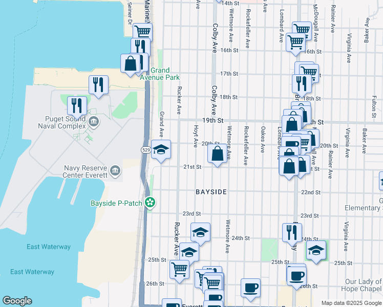 map of restaurants, bars, coffee shops, grocery stores, and more near 2001 Hoyt Avenue in Everett