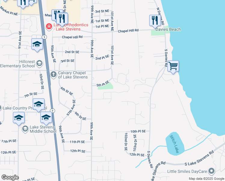 map of restaurants, bars, coffee shops, grocery stores, and more near 10107 6th Place Southeast in Lake Stevens