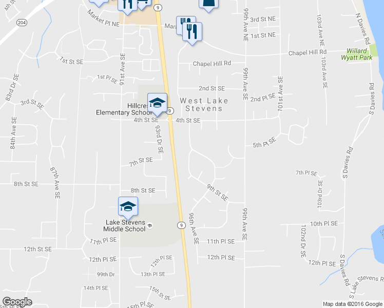 map of restaurants, bars, coffee shops, grocery stores, and more near 603 95th Drive Southeast in Lake Stevens