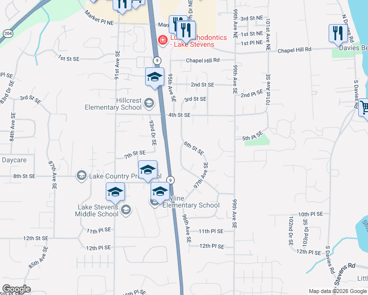 map of restaurants, bars, coffee shops, grocery stores, and more near 603 95th Drive Southeast in Lake Stevens