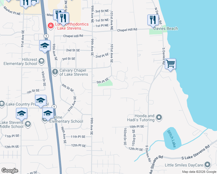 map of restaurants, bars, coffee shops, grocery stores, and more near 10107 6th Place Southeast in Lake Stevens