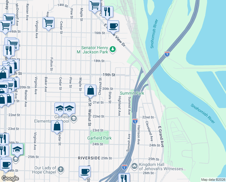 map of restaurants, bars, coffee shops, grocery stores, and more near 1928 Highland Avenue in Everett