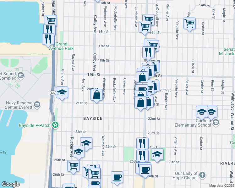 map of restaurants, bars, coffee shops, grocery stores, and more near 2001 Rockefeller Avenue in Everett